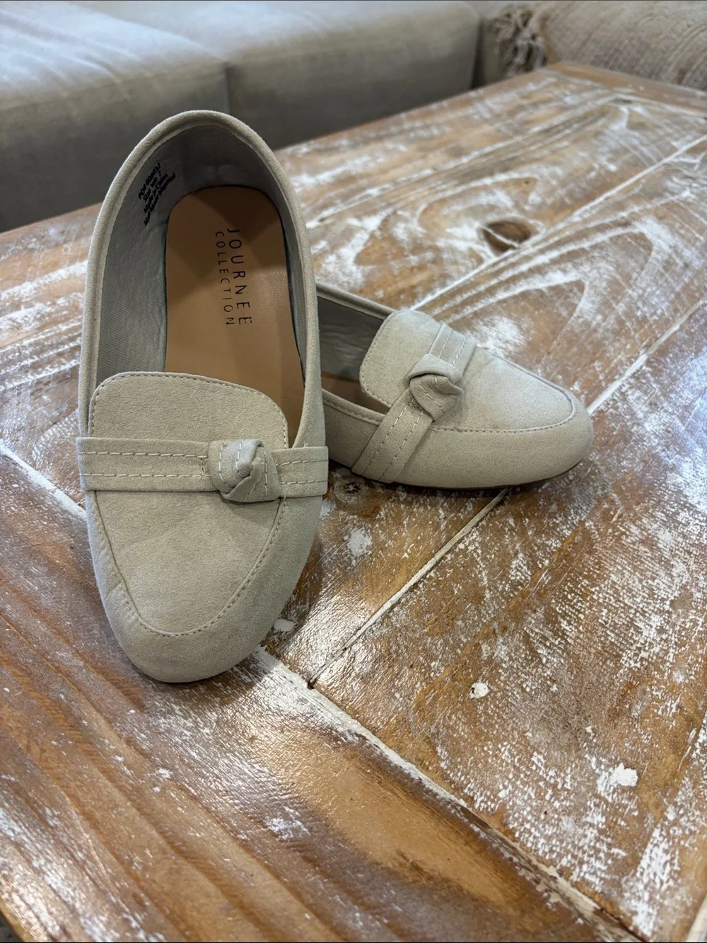 Journee Collection Light Beige Suede Knot Loafers